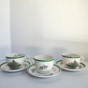Spode Christmas Tree Tea Cups And Saucers Set Of 3 Vintage Holiday Serveware